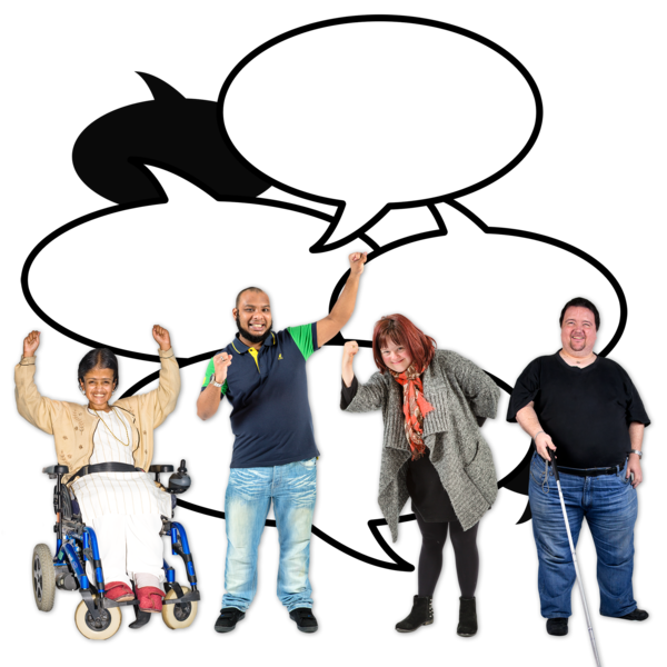 Lots of speech bubbles behind a group of different types of people