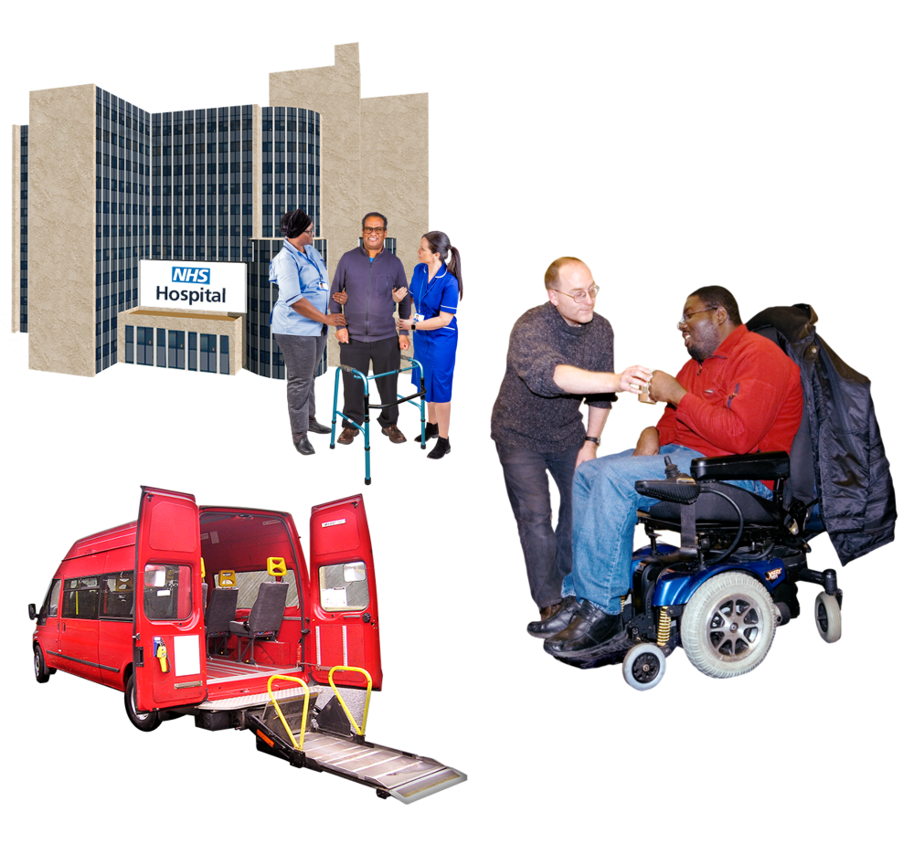 A patient with carers outside a hospital, and accessible minibus with a ramp and a support worker giving a cup of tea to a man in a wheelchair.