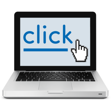 A laptop showing a cursor on the screen over to the word click
