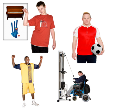 Photographs of people doing sport activities - weight lifting, strong man, football, cricket and piano