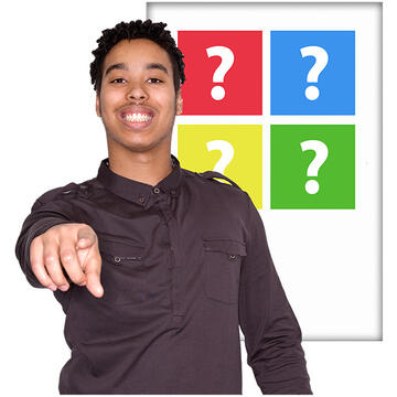 A man pointing at the reader.  Behind him is a board with 4 different coloured cards with a question mark on each card.