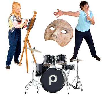 A lady painting at an easel, a lady with her arm out and a drama mask and a drum kit.