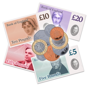 A collection of money in pounds and coins