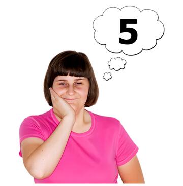 A woman with her hand on her cheek and a thought bubble above her with the number 5 in it.