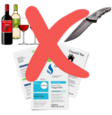 not allowed wine, knifes or bills