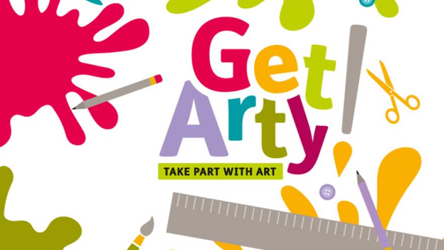 Cartoon image with colourful paint splatters and text reading "Get Arty!"
