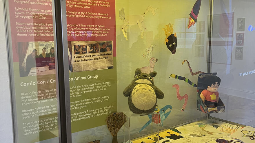 A case full of anime artifacts from Mencap Ceredigion, including a cuddly Stephen Universe and Totorro.