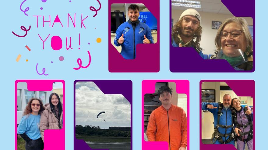 A picture of the people who sky dived to raise money for Bryn Siriol sensory room