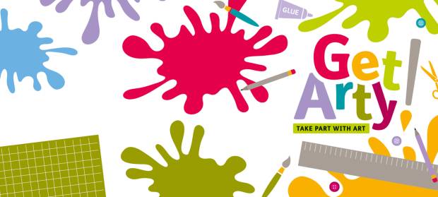 Cartoon image with colourful paint splatters and text reading "Get Arty!"