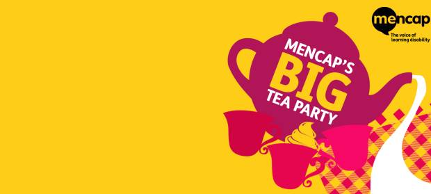 Cartoon image of a tea pot with text on it that reads "Mencap's Big Tea Party"